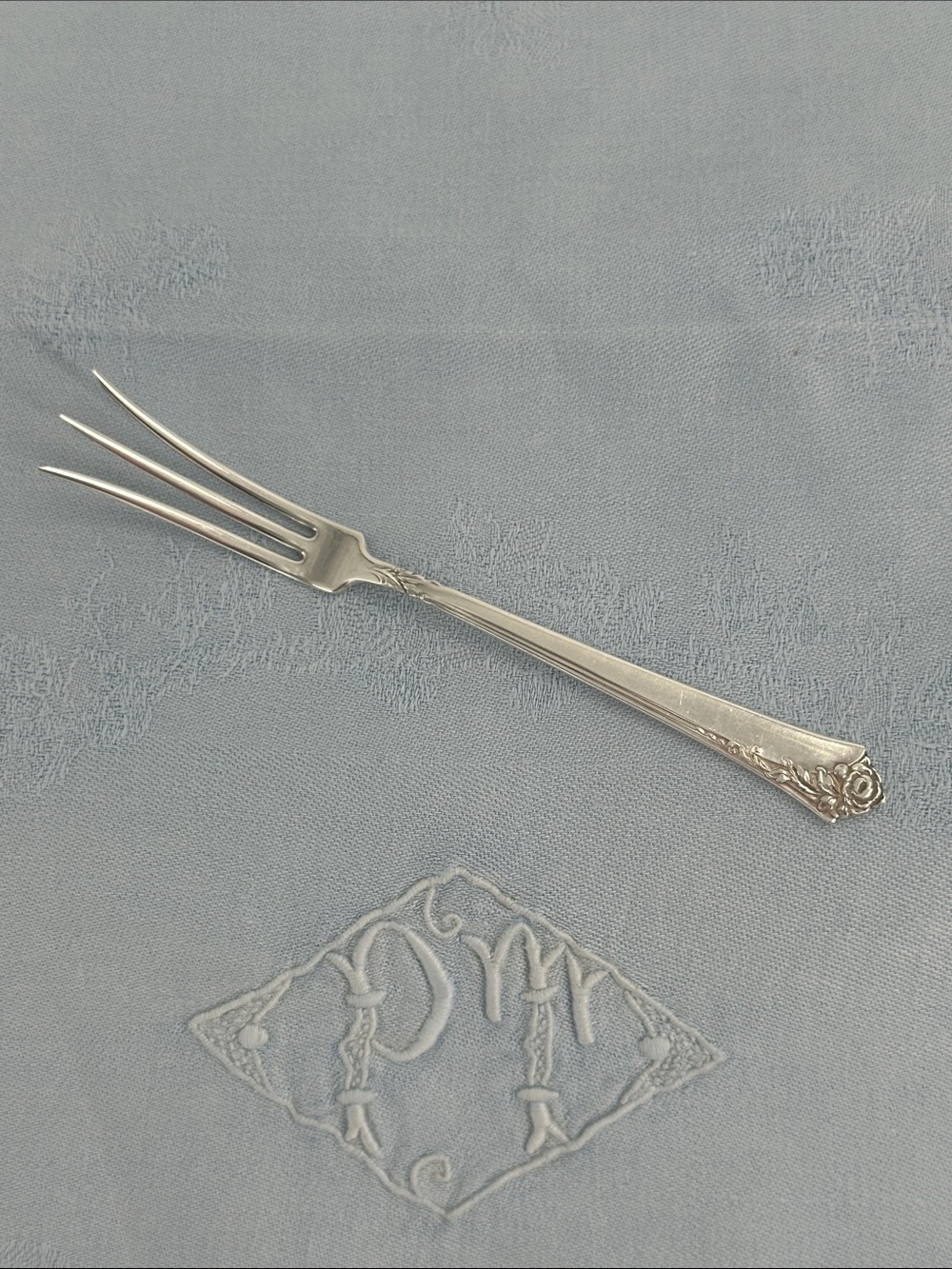 Damask Rose Heirloom Sterling Silver Lemon Fork.